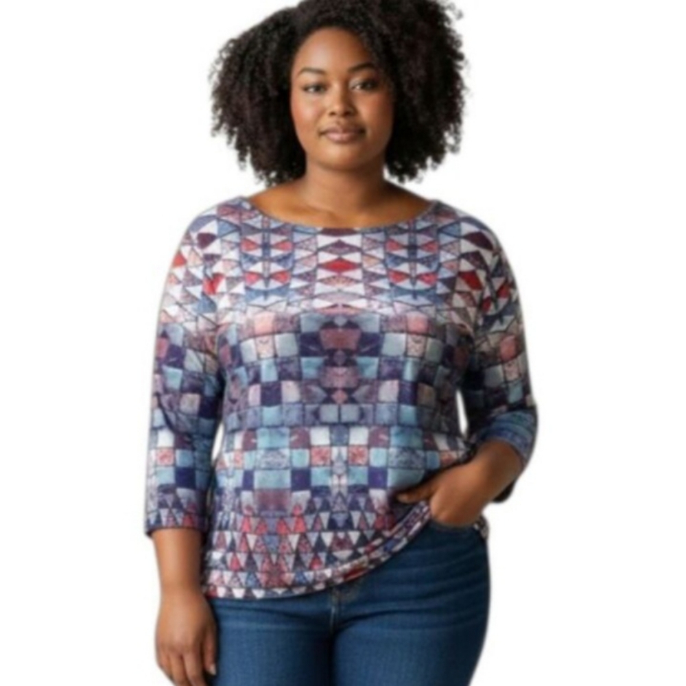 Peck & Peck Purple Geometric Long Sleeve Top Sz.L EUC.